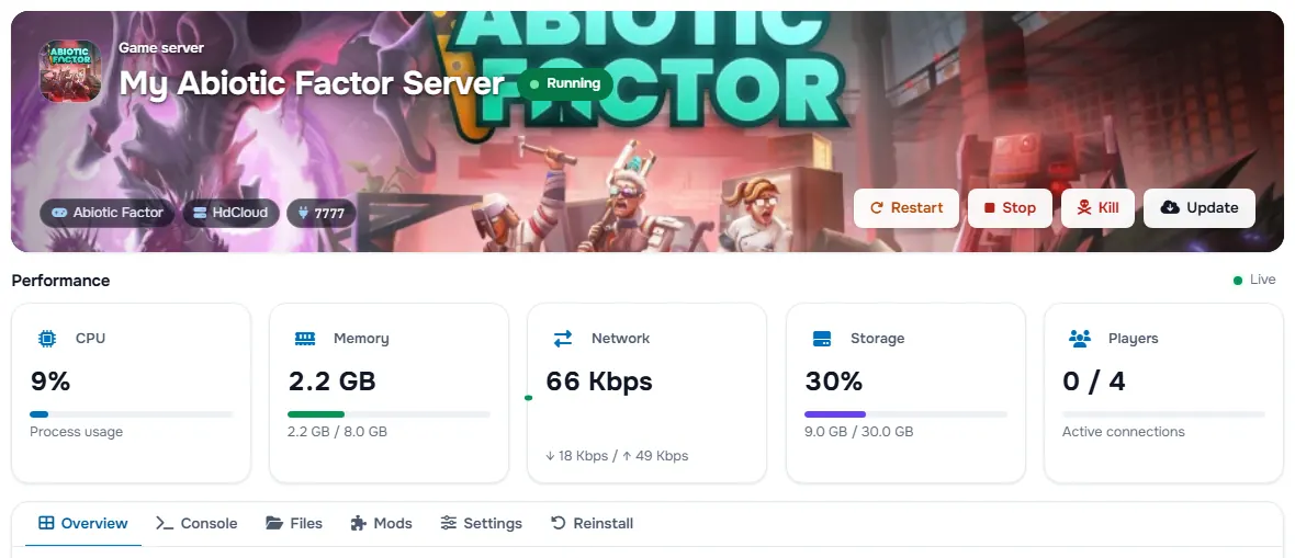The Abiotic Factor service page with the banner, the status, the power buttons and the performance cards