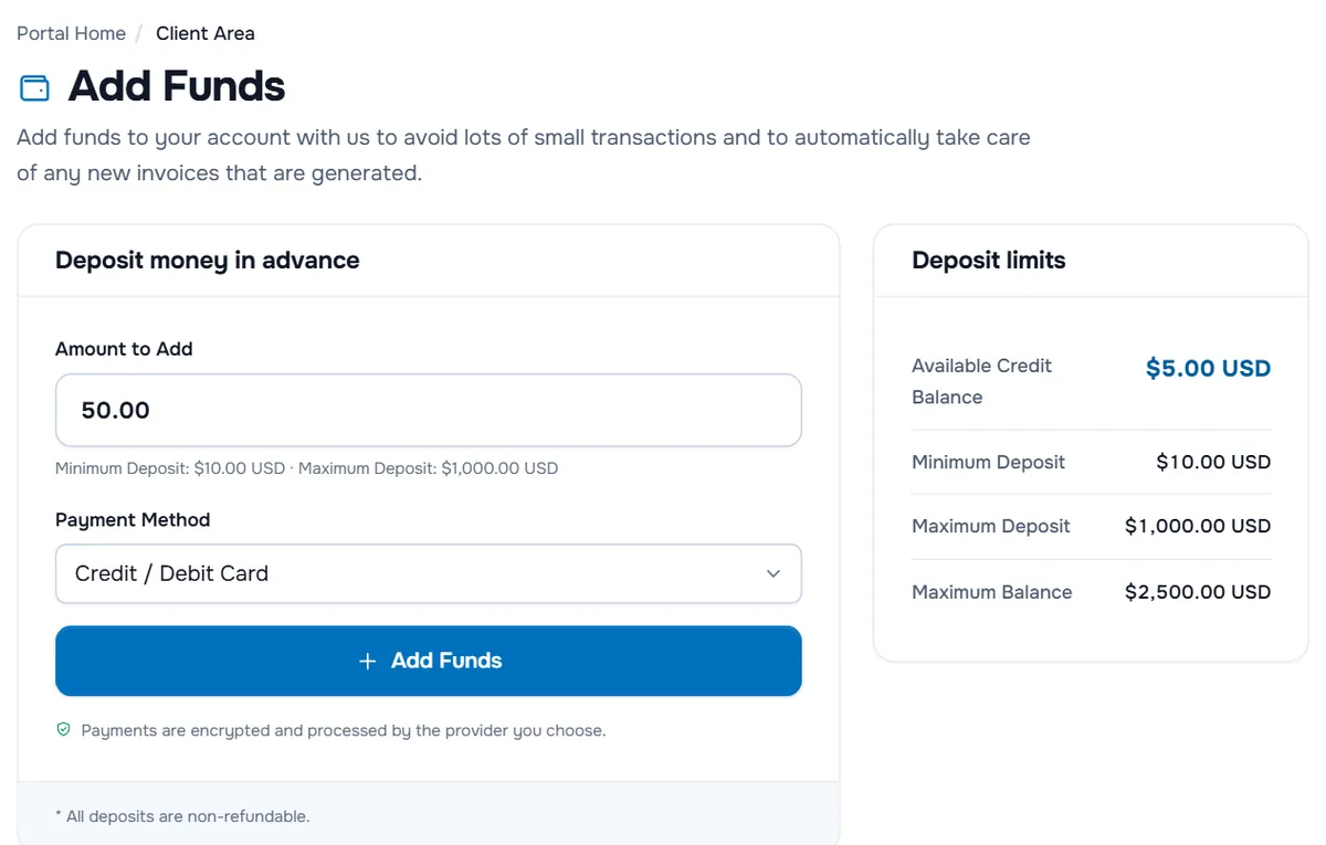 Add Funds with the amount, the payment method, the Add Funds button and the deposit limits