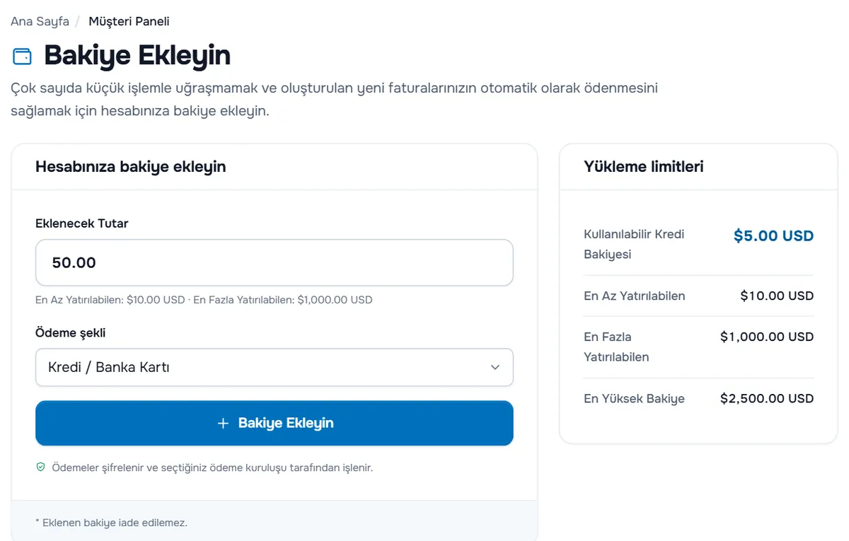 Tutar, ödeme şekli, Bakiye Ekleyin düğmesi ve yükleme limitleriyle Bakiye Ekleyin sayfası