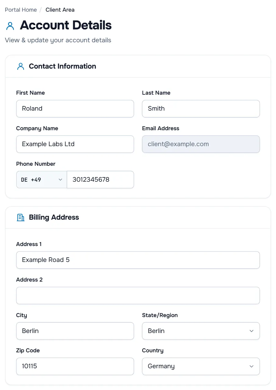 Account Details with the Contact Information and Billing Address cards filled with sample data
