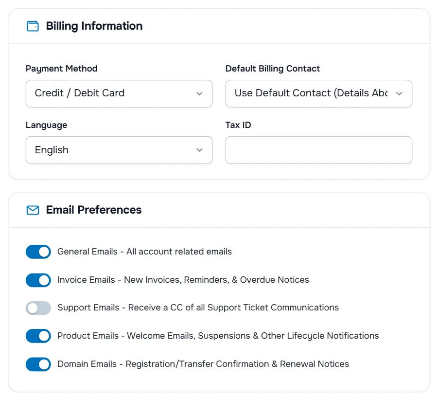 The Billing Information card with Payment Method, Default Billing Contact, Language and Tax ID, and the Email Preferences card with one switch per email type