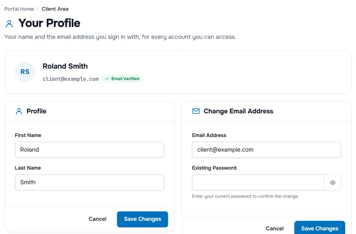 Your Profile with the Profile card for the name and the Change Email Address card