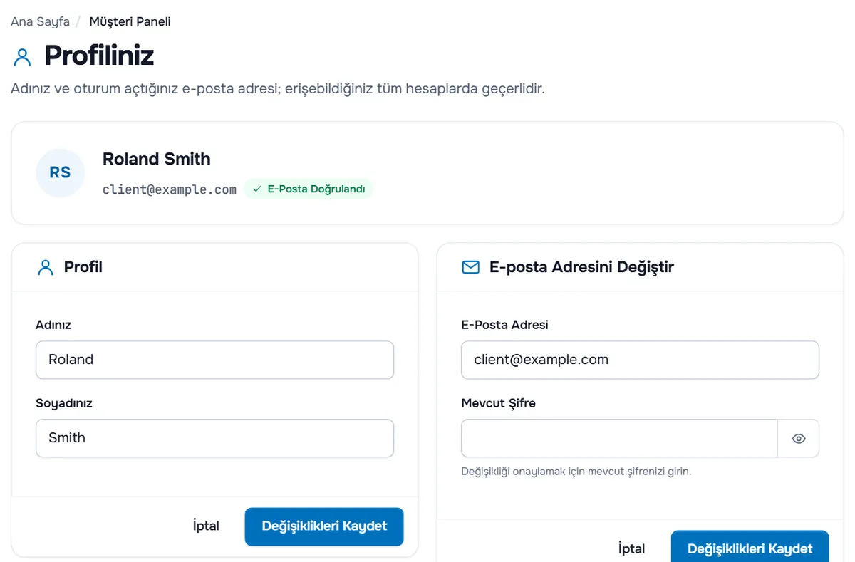 Ad için Profil kartı ve E-posta Adresini Değiştir kartıyla Profiliniz sayfası
