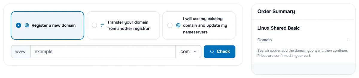 The domain step with three options: register a new domain, transfer your domain from another registrar, or use an existing domain and update its nameservers, a search field and the order summary