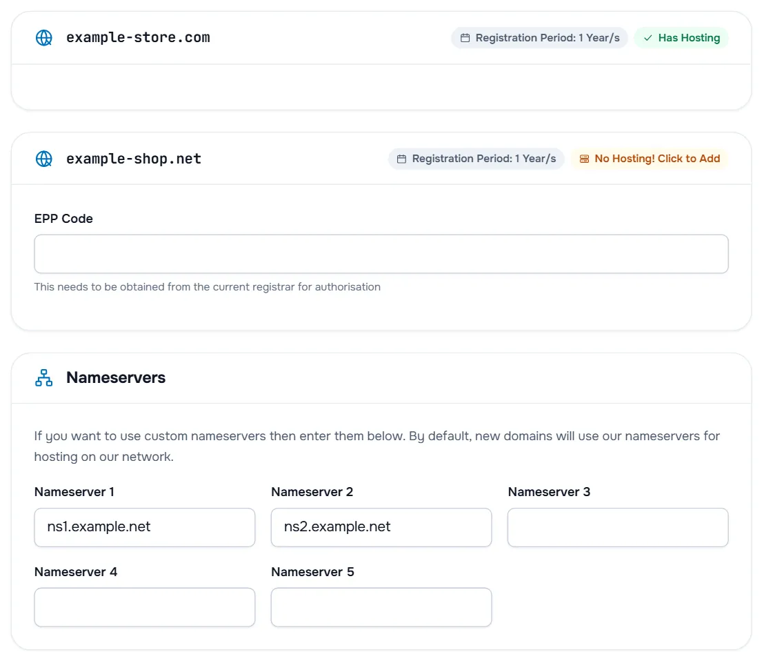 The domain configuration page with two domains, their registration period and hosting badge, an EPP code field and the Nameservers section with five fields