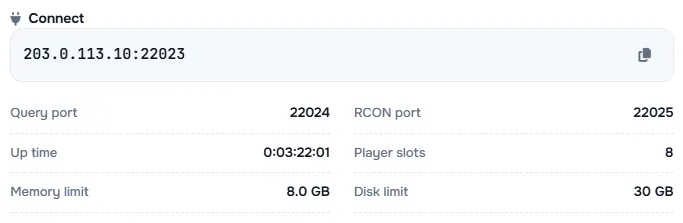 The Connect box with the server address and its query port, RCON port, up time, player slots and limits