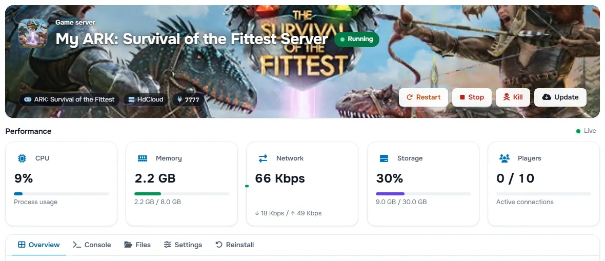 The ARK: Survival of the Fittest service page with the banner, the status, the power buttons and the performance cards