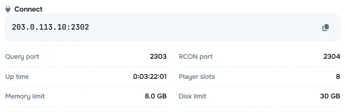 The Connect box with the server address and its query port, RCON port, up time, player slots and limits