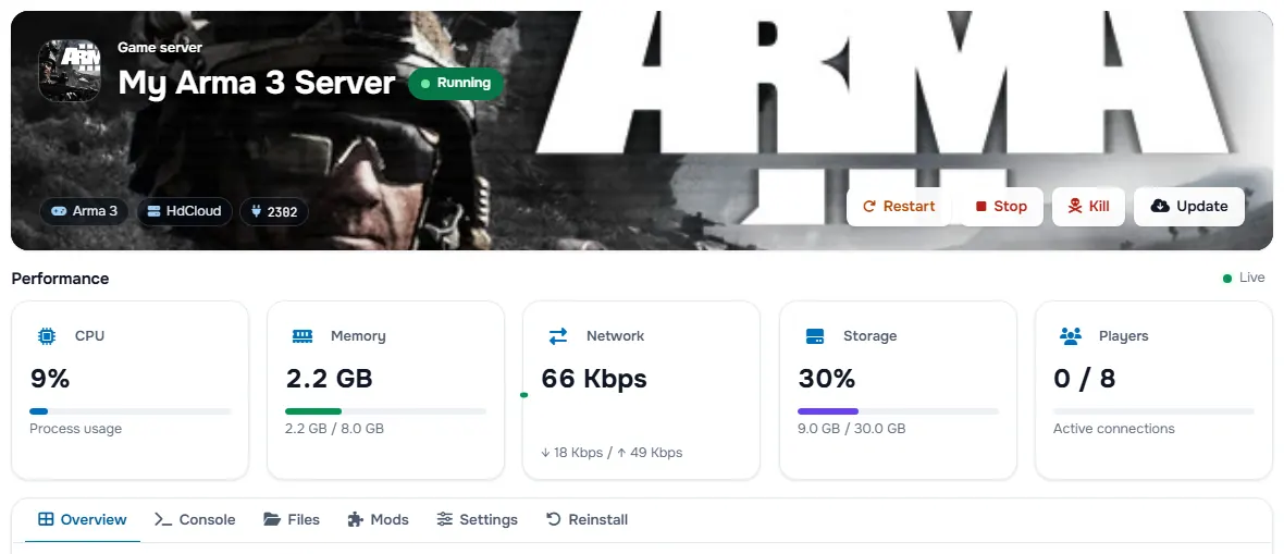 The Arma 3 service page with the banner, the status, the power buttons and the performance cards
