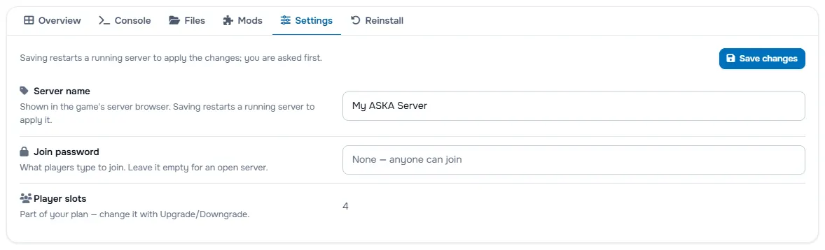 The Settings tab with the server name, the password fields and the player slots