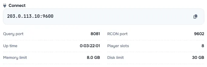 The Connect box with the server address and its query port, RCON port, up time, player slots and limits