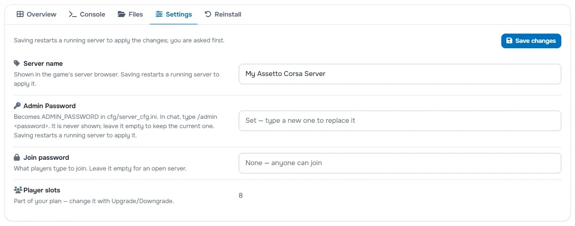 The Settings tab with the server name, the password fields and the player slots