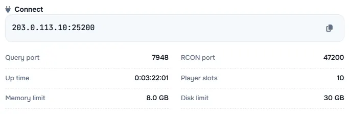 The Connect box with the server address and its query port, RCON port, up time, player slots and limits