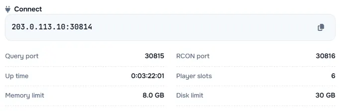 Sunucu adresi ile sorgu portu, RCON portu, çalışma süresi, oyuncu sayısı ve limitlerin yer aldığı Connect kutusu