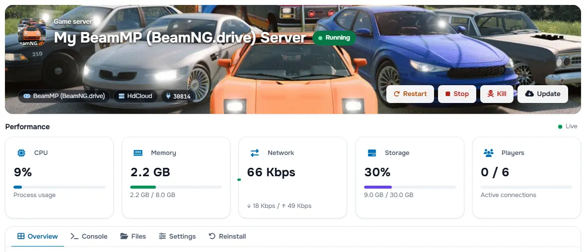 Başlık alanı, durum, güç düğmeleri ve performans kartlarıyla BeamMP (BeamNG.drive) hizmet sayfası