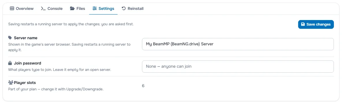 Sunucu adı, şifre alanları ve oyuncu sayısıyla Settings sekmesi