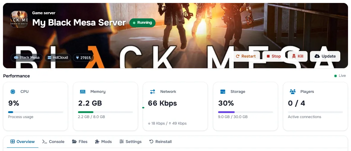 The Black Mesa service page with the banner, the status, the power buttons and the performance cards