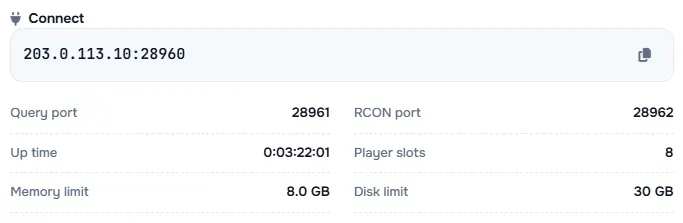 The Connect box with the server address and its query port, RCON port, up time, player slots and limits