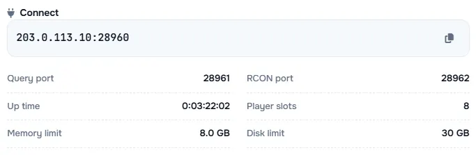The Connect box with the server address and its query port, RCON port, up time, player slots and limits