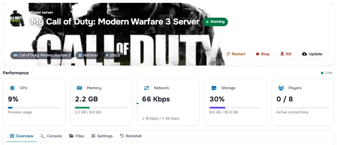 The Call of Duty: Modern Warfare 3 service page with the banner, the status, the power buttons and the performance cards