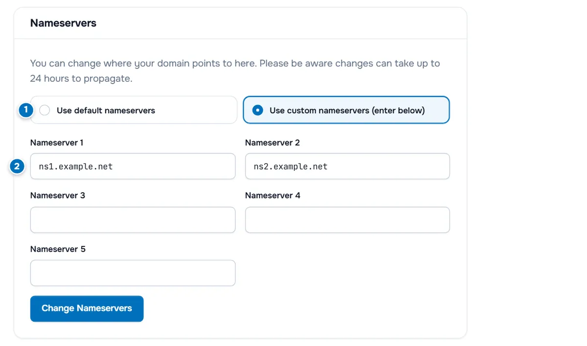 The Nameservers tab with the default and custom nameserver choices, five nameserver fields and Change Nameservers
