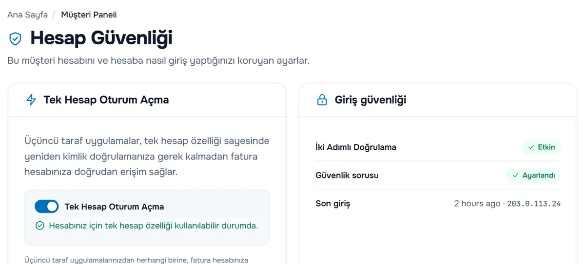 Tek Hesap Oturum Açma anahtarı ve Giriş güvenliği özetiyle Hesap Güvenliği sayfası