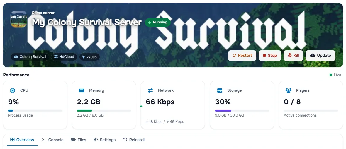 The Colony Survival service page with the banner, the status, the power buttons and the performance cards
