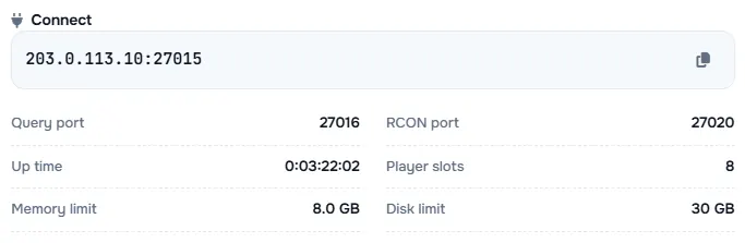 The Connect box with the server address and its query port, RCON port, up time, player slots and limits