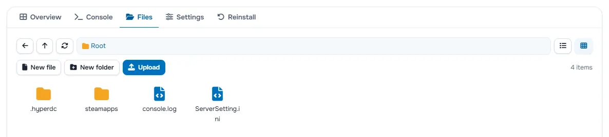 The Files tab with the folders and files of the server