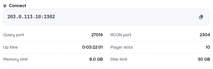 The Connect box with the server address and its query port, RCON port, up time, player slots and limits
