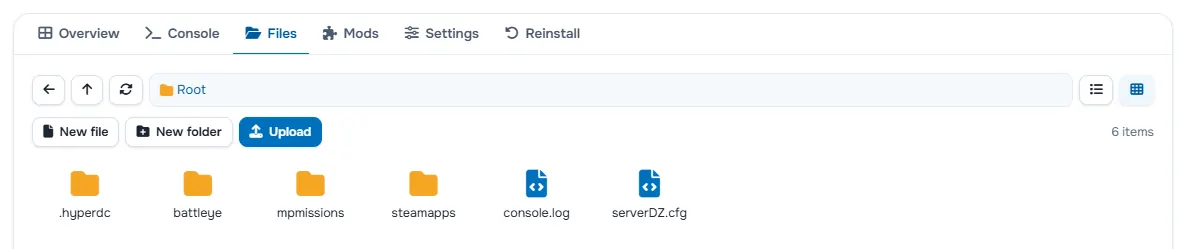 The Files tab with the folders and files of the server
