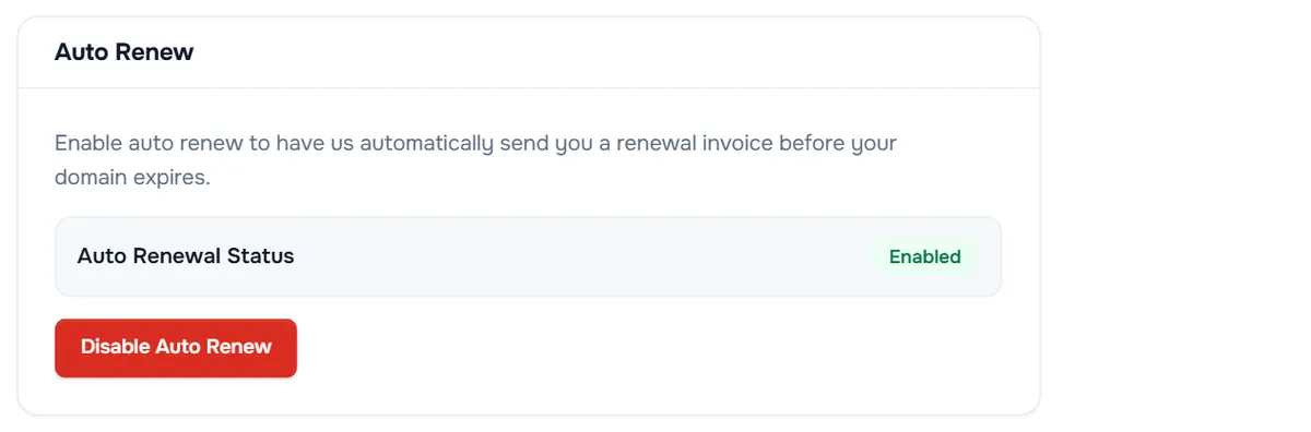 The Auto Renew tab with its explanation, Auto Renewal Status Enabled and the Disable Auto Renew button