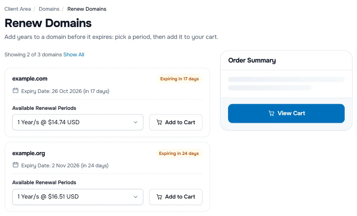 The Renew Domains page with two domains, their expiry dates, the renewal period menus, Add to Cart and the order summary with View Cart