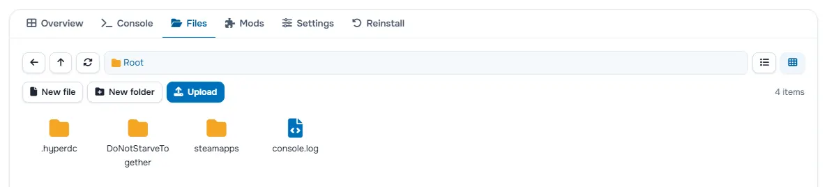 The Files tab with the folders and files of the server