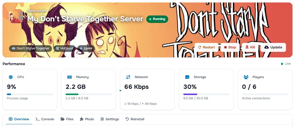 The Don’t Starve Together service page with the banner, the status, the power buttons and the performance cards