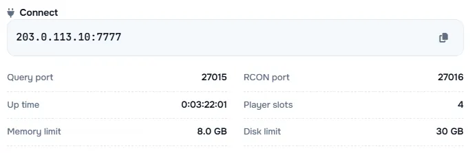The Connect box with the server address and its query port, RCON port, up time, player slots and limits