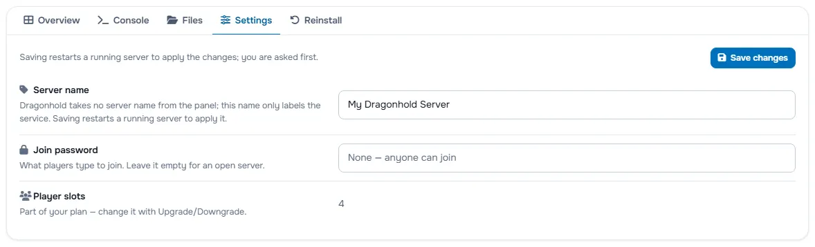 The Settings tab with the server name, the password fields and the player slots