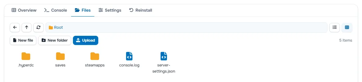 The Files tab with the folders and files of the server
