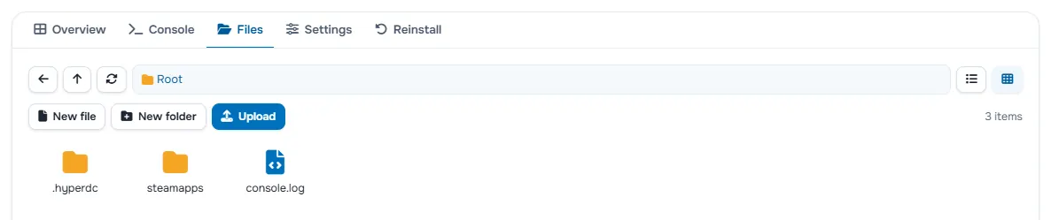 The Files tab with the folders and files of the server