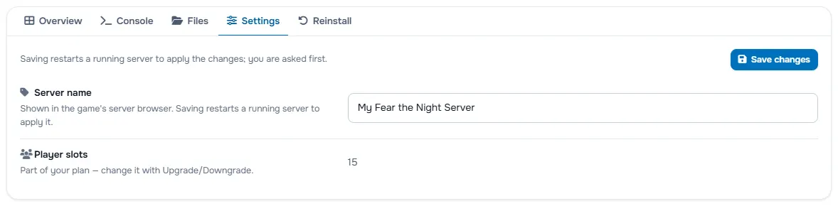 The Settings tab with the server name, the password fields and the player slots