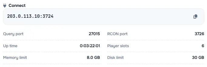 The Connect box with the server address and its query port, RCON port, up time, player slots and limits