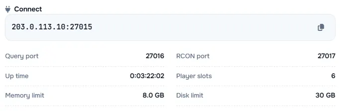 The Connect box with the server address and its query port, RCON port, up time, player slots and limits