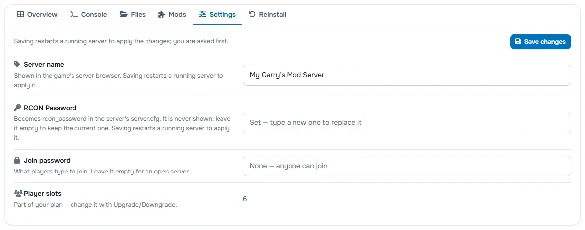 The Settings tab with the server name, the password fields and the player slots