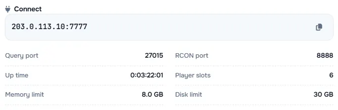 The Connect box with the server address and its query port, RCON port, up time, player slots and limits