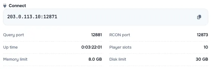 The Connect box with the server address and its query port, RCON port, up time, player slots and limits