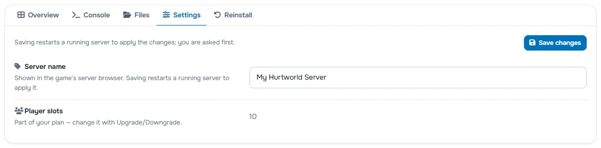 The Settings tab with the server name, the password fields and the player slots