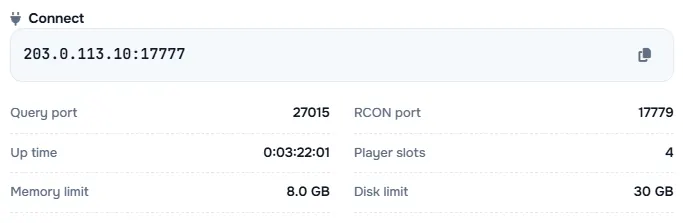 Sunucu adresi ile sorgu portu, RCON portu, çalışma süresi, oyuncu sayısı ve limitlerin yer aldığı Connect kutusu
