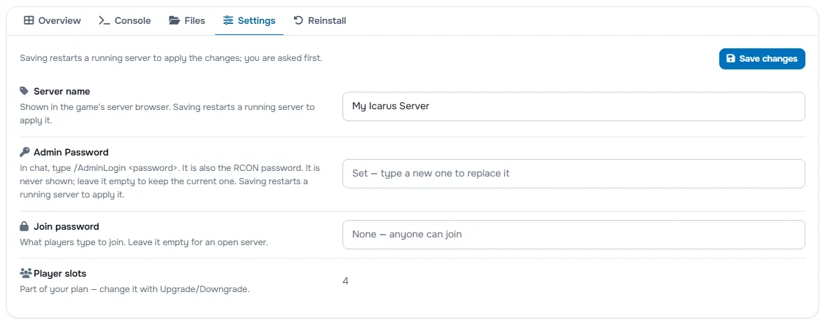 Sunucu adı, şifre alanları ve oyuncu sayısıyla Settings sekmesi
