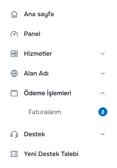 Sol menüde açılmış Ödeme İşlemleri ve 2 sayılı rozetle Faturalarım