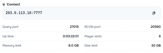 The Connect box with the server address and its query port, RCON port, up time, player slots and limits